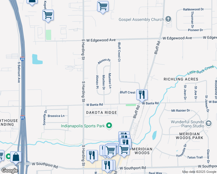 map of restaurants, bars, coffee shops, grocery stores, and more near 6327 Monteo Drive in Indianapolis