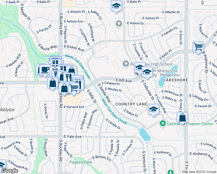 map of restaurants, bars, coffee shops, grocery stores, and more near 17507 East Wesley Place in Aurora