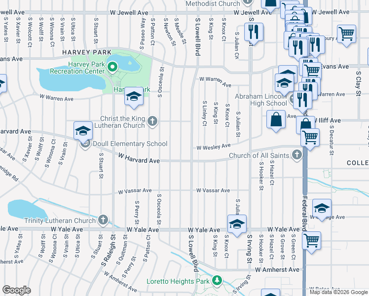 map of restaurants, bars, coffee shops, grocery stores, and more near 2440 South Meade Street in Denver