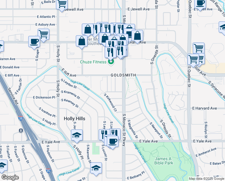 map of restaurants, bars, coffee shops, grocery stores, and more near 2377 South Locust Street in Denver