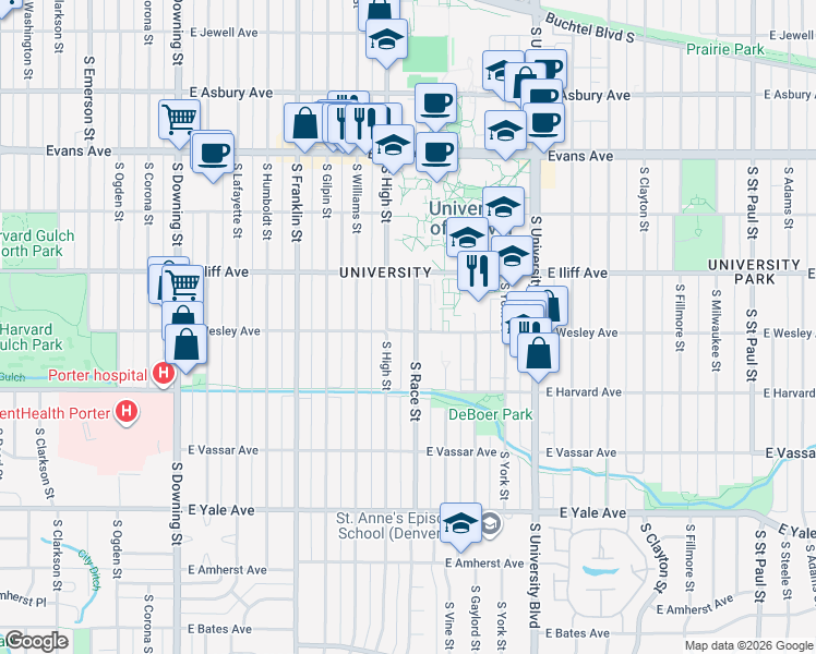 map of restaurants, bars, coffee shops, grocery stores, and more near 2375 South Race Street in Denver