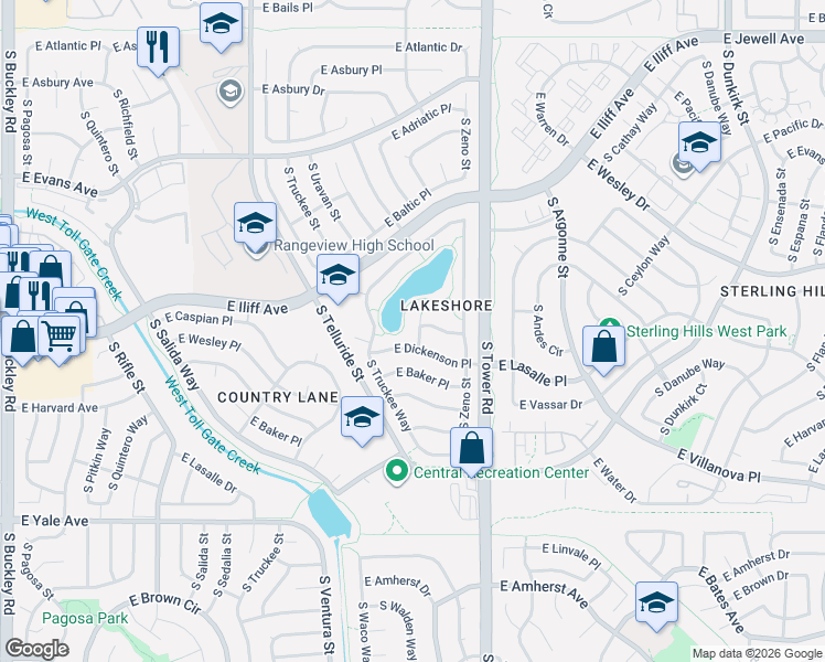 map of restaurants, bars, coffee shops, grocery stores, and more near 2399 South Waco Court in Aurora