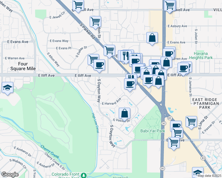 map of restaurants, bars, coffee shops, grocery stores, and more near 9995 East Harvard Avenue in Denver