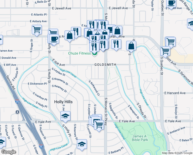 map of restaurants, bars, coffee shops, grocery stores, and more near 2377 South Locust Street in Denver