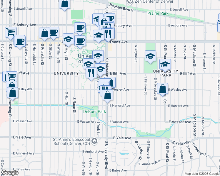 map of restaurants, bars, coffee shops, grocery stores, and more near 2390 South University Boulevard in Denver