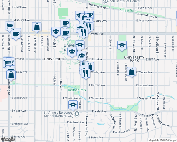 map of restaurants, bars, coffee shops, grocery stores, and more near 2356 South University Boulevard in Denver