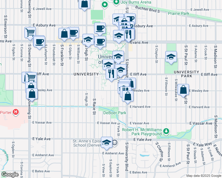 map of restaurants, bars, coffee shops, grocery stores, and more near 2369 South York Street in Denver