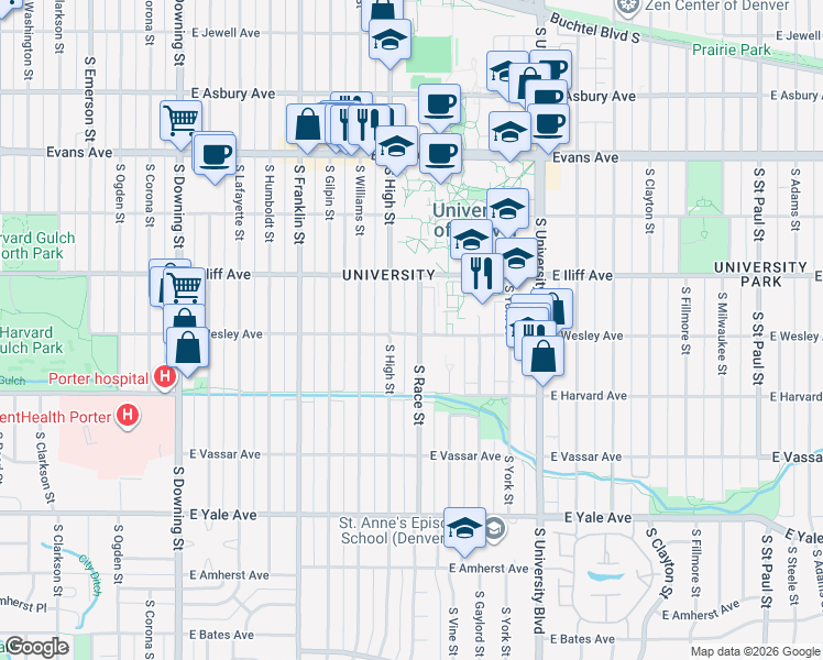 map of restaurants, bars, coffee shops, grocery stores, and more near 2375 South Race Street in Denver