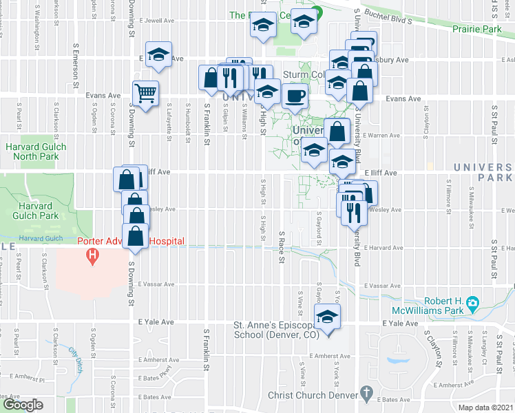 map of restaurants, bars, coffee shops, grocery stores, and more near 2369 South High Street in Denver