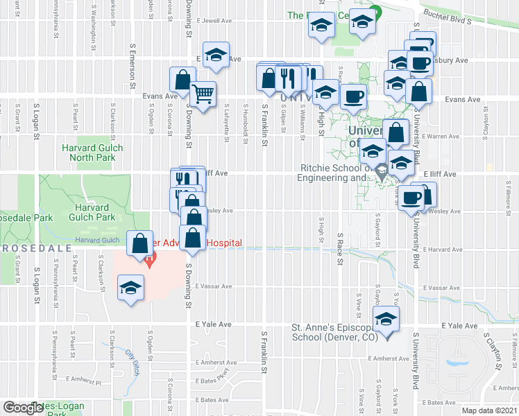map of restaurants, bars, coffee shops, grocery stores, and more near 2370 South Franklin Street in Denver