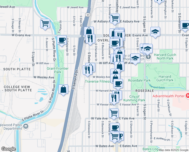 map of restaurants, bars, coffee shops, grocery stores, and more near 2360 South Cherokee Street in Denver