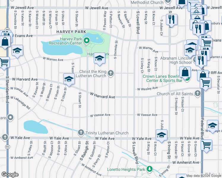map of restaurants, bars, coffee shops, grocery stores, and more near 2417 South Patton Court in Denver