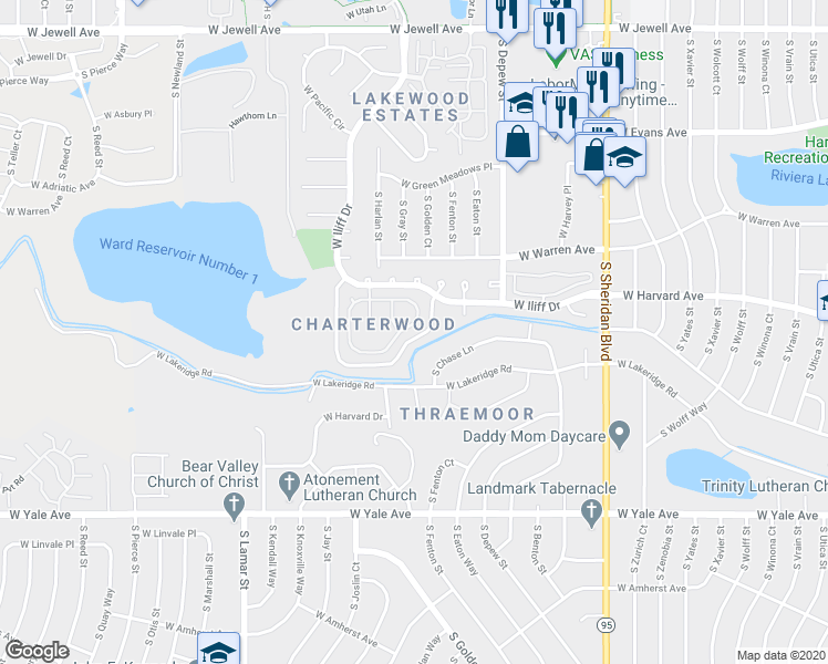 map of restaurants, bars, coffee shops, grocery stores, and more near 2304 South Fenton Drive in Lakewood