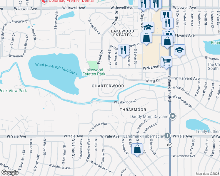 map of restaurants, bars, coffee shops, grocery stores, and more near 2338 South Gray Street in Lakewood