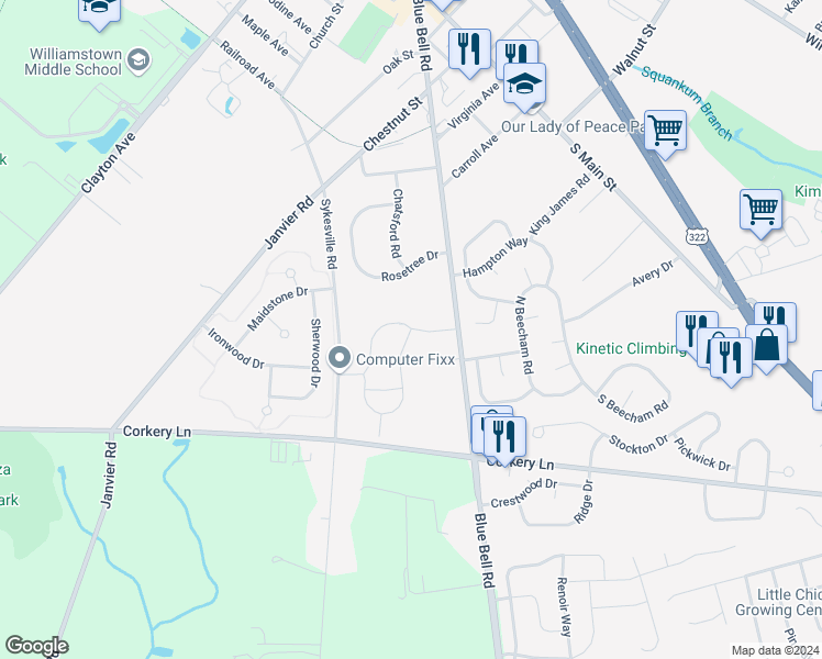map of restaurants, bars, coffee shops, grocery stores, and more near 801 Thoreau Lane in Monroe Township