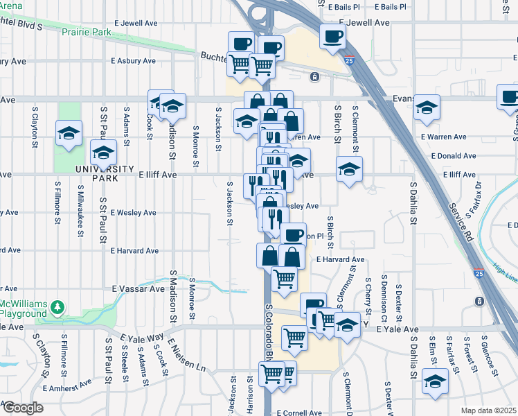 map of restaurants, bars, coffee shops, grocery stores, and more near 3925 East Wesley Avenue in Denver