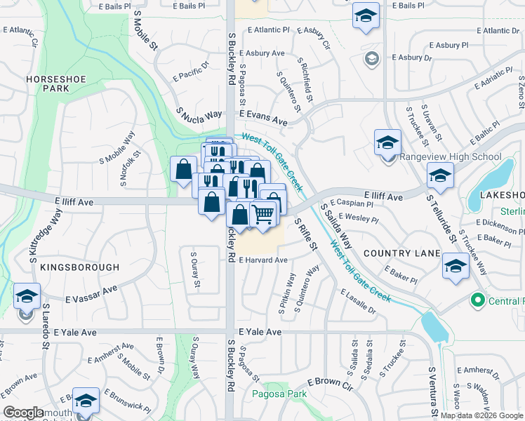 map of restaurants, bars, coffee shops, grocery stores, and more near E Iliff Ave & S Pagosa Way in Aurora