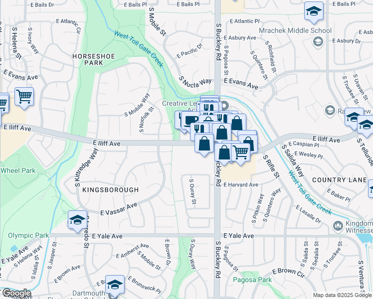 map of restaurants, bars, coffee shops, grocery stores, and more near 16766 East Iliff Avenue in Aurora