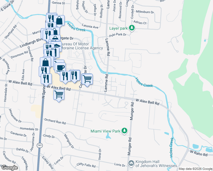 map of restaurants, bars, coffee shops, grocery stores, and more near 5449 Lamme Road in Dayton