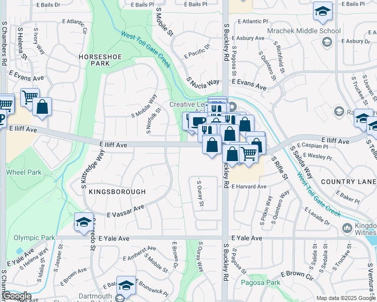 map of restaurants, bars, coffee shops, grocery stores, and more near 16708 East Iliff Avenue in Aurora