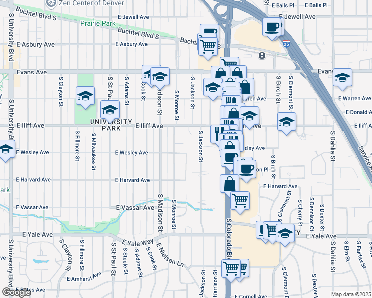 map of restaurants, bars, coffee shops, grocery stores, and more near 3685 East Wesley Avenue in Denver