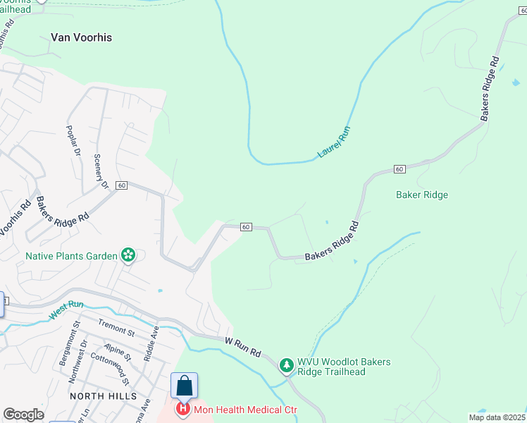 map of restaurants, bars, coffee shops, grocery stores, and more near 898 Bakers Ridge Road in Morgantown
