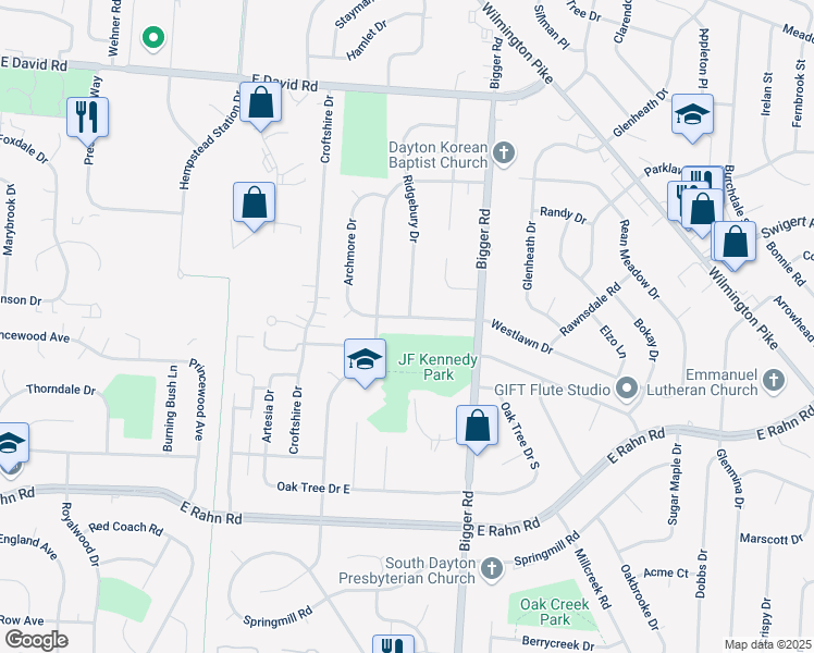 map of restaurants, bars, coffee shops, grocery stores, and more near 2048 Westlawn Drive in Dayton
