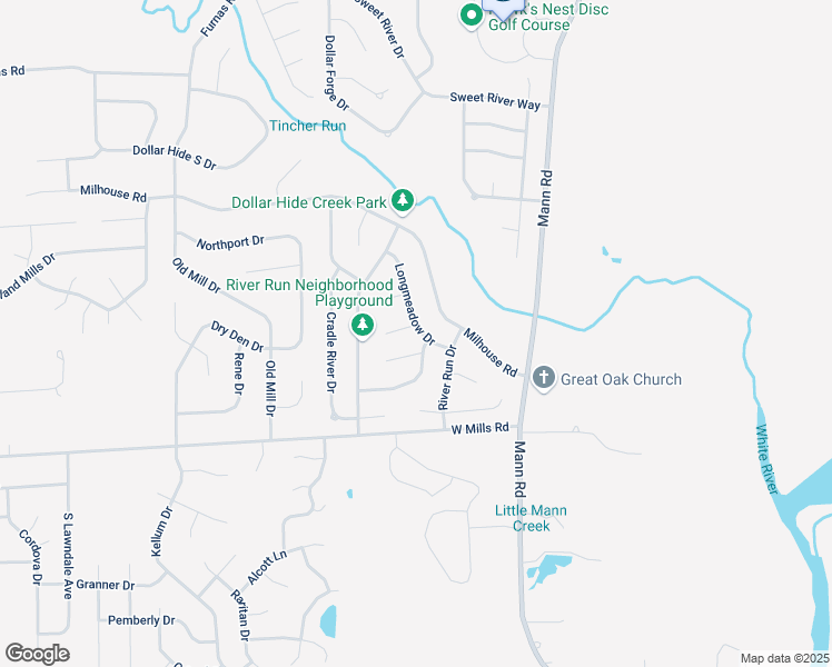 map of restaurants, bars, coffee shops, grocery stores, and more near 5329 West Rolling River Court in Indianapolis