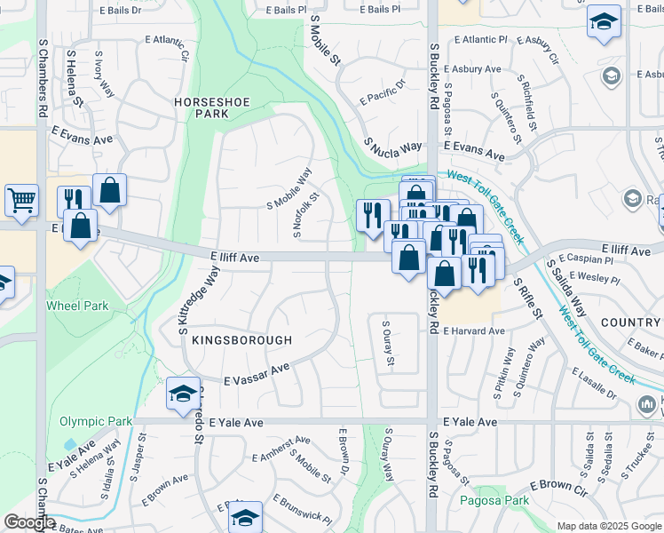 map of restaurants, bars, coffee shops, grocery stores, and more near 16565 East Wesley Avenue in Aurora