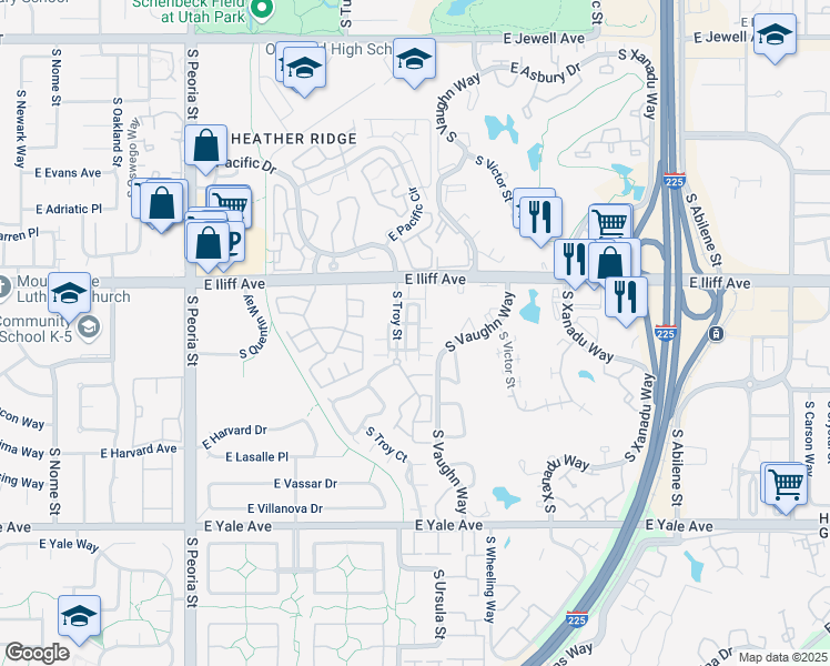 map of restaurants, bars, coffee shops, grocery stores, and more near 12881 East Caspian Place in Aurora