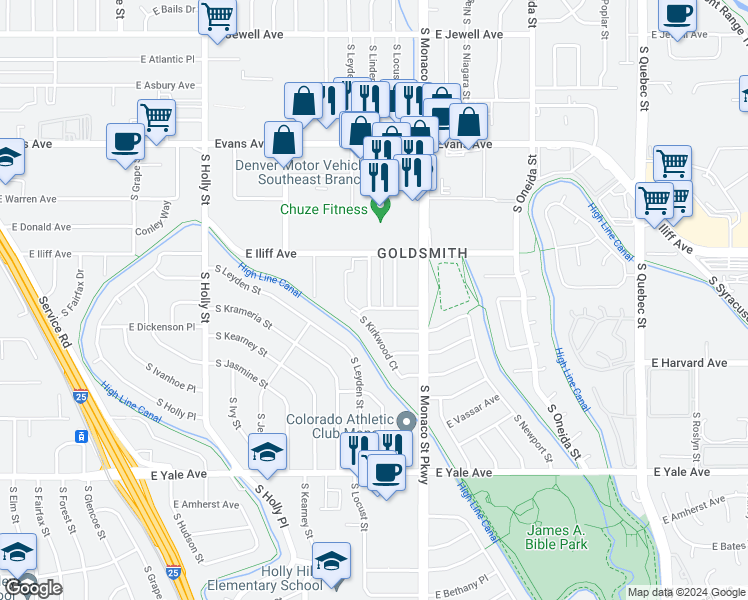map of restaurants, bars, coffee shops, grocery stores, and more near 2377 South Locust Street in Denver