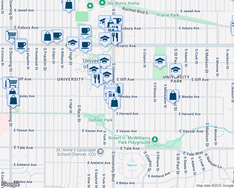 map of restaurants, bars, coffee shops, grocery stores, and more near 2356 South University Boulevard in Denver