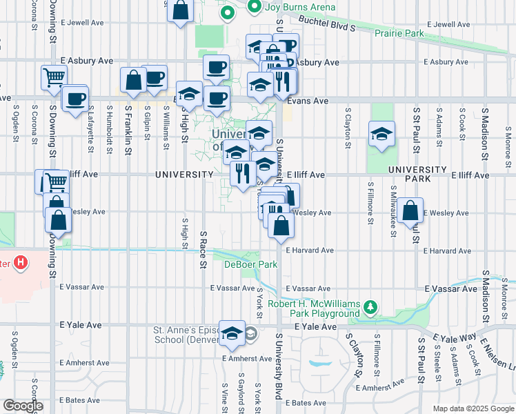 map of restaurants, bars, coffee shops, grocery stores, and more near 2369 South York Street in Denver