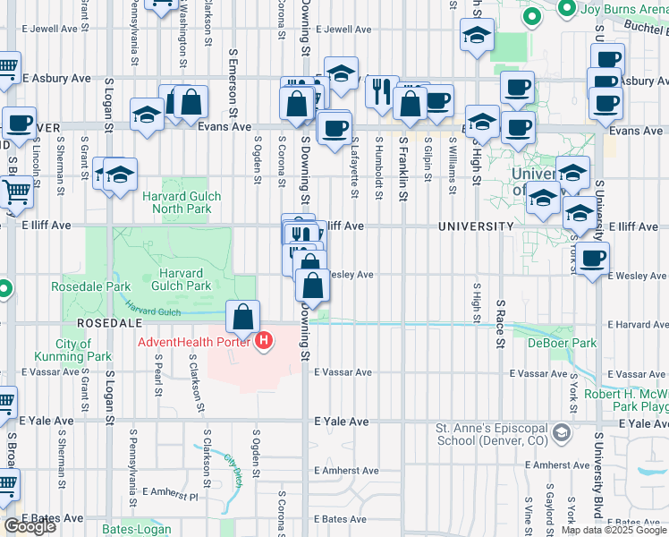 map of restaurants, bars, coffee shops, grocery stores, and more near 2379 South Lafayette Street in Denver
