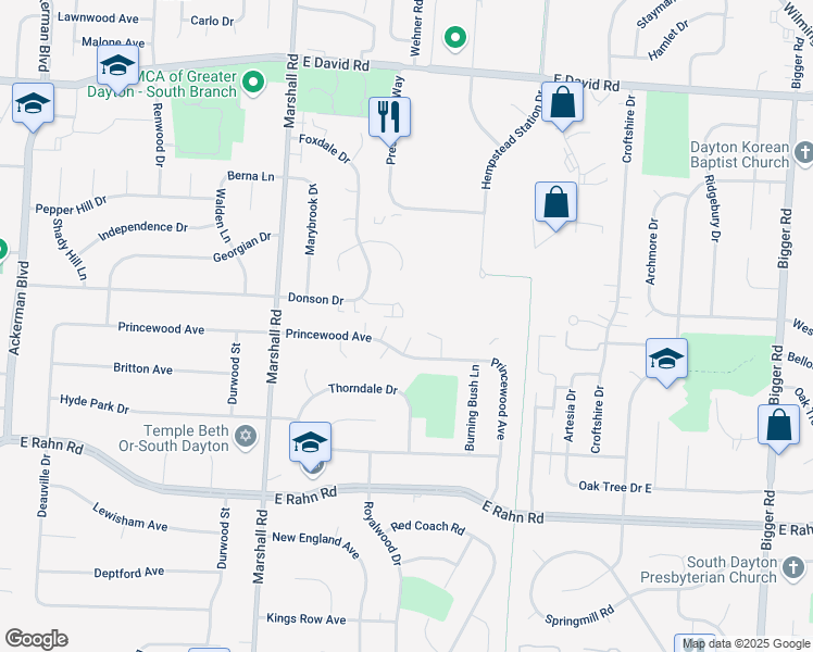 map of restaurants, bars, coffee shops, grocery stores, and more near 1348 Donson Circle in Dayton