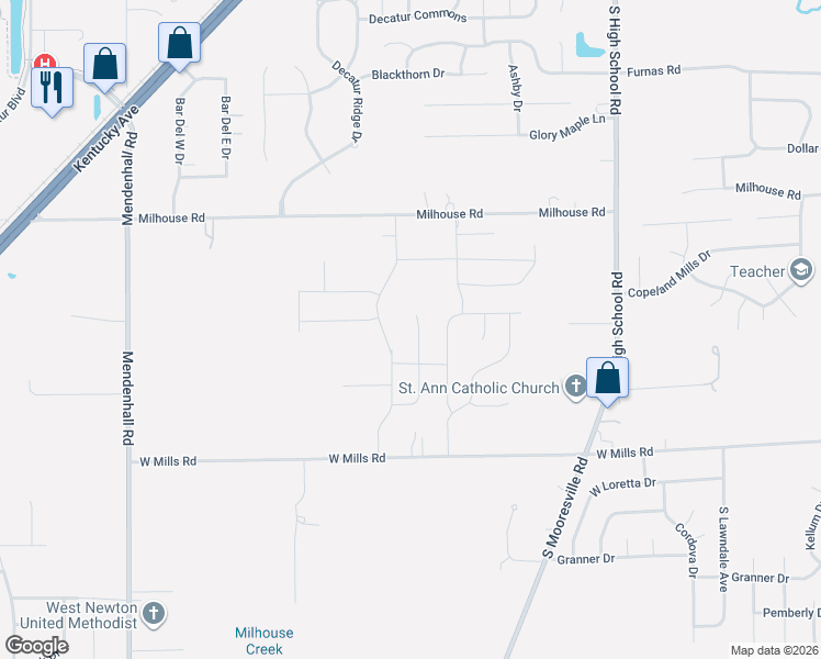 map of restaurants, bars, coffee shops, grocery stores, and more near 6501 Milhouse Road in Indianapolis