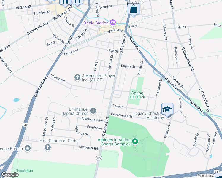 map of restaurants, bars, coffee shops, grocery stores, and more near 870 South Detroit Street in Xenia