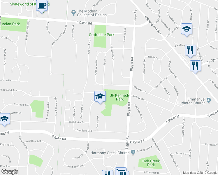 map of restaurants, bars, coffee shops, grocery stores, and more near 2048 Westlawn Drive in Dayton