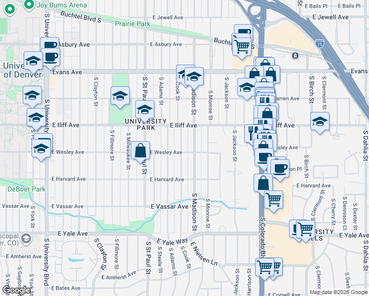 map of restaurants, bars, coffee shops, grocery stores, and more near 2370 South Cook Street in Denver