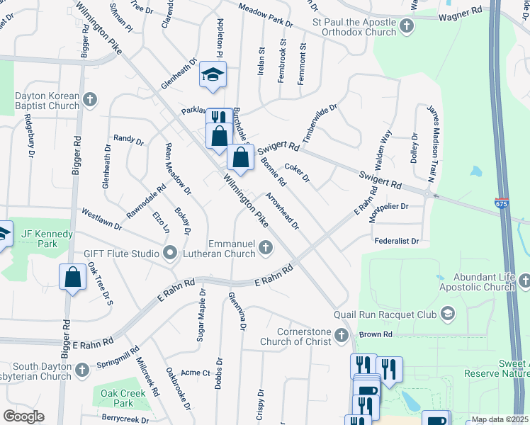 map of restaurants, bars, coffee shops, grocery stores, and more near 4820 Wilmington Pike in Dayton