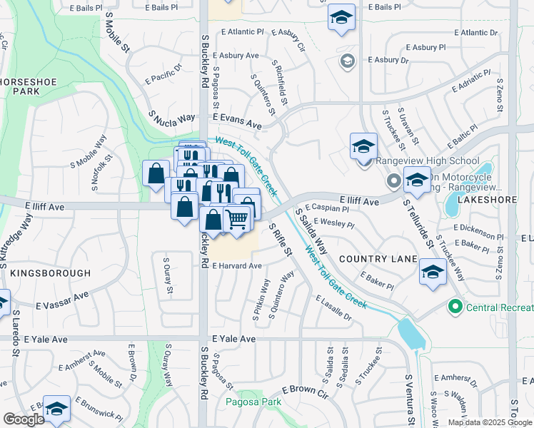 map of restaurants, bars, coffee shops, grocery stores, and more near 17192 Baltic Drive in Aurora