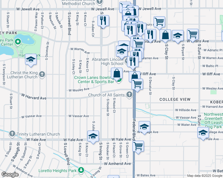 map of restaurants, bars, coffee shops, grocery stores, and more near 3175 West Harvard Avenue in Denver
