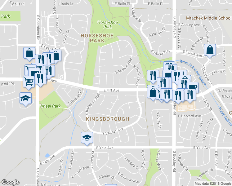 map of restaurants, bars, coffee shops, grocery stores, and more near 16191 East Wesley Avenue in Aurora