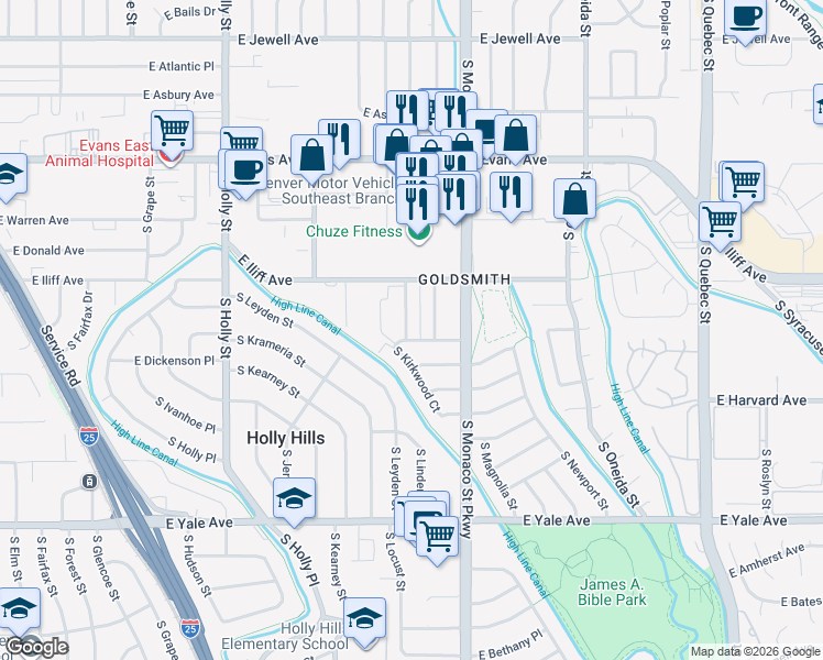 map of restaurants, bars, coffee shops, grocery stores, and more near 2377 South Locust Street in Denver