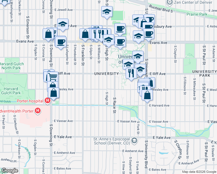 map of restaurants, bars, coffee shops, grocery stores, and more near 2380 South High Street in Denver