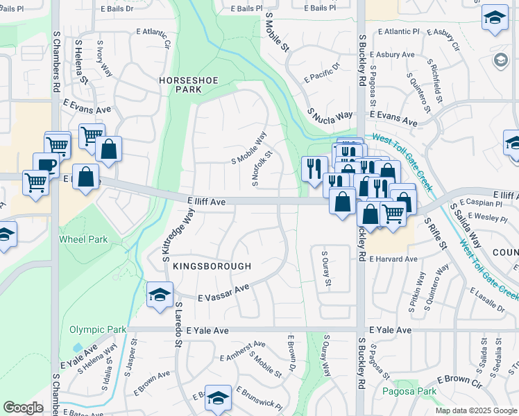 map of restaurants, bars, coffee shops, grocery stores, and more near 16517 East Wesley Avenue in Aurora