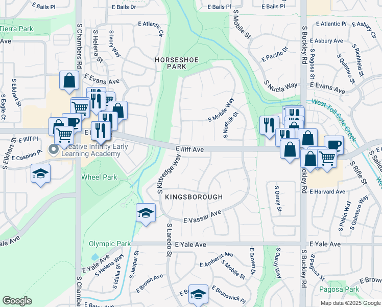 map of restaurants, bars, coffee shops, grocery stores, and more near 16101 East Wesley Avenue in Aurora