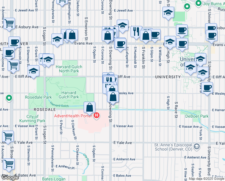 map of restaurants, bars, coffee shops, grocery stores, and more near 2390 South Downing Street in Denver
