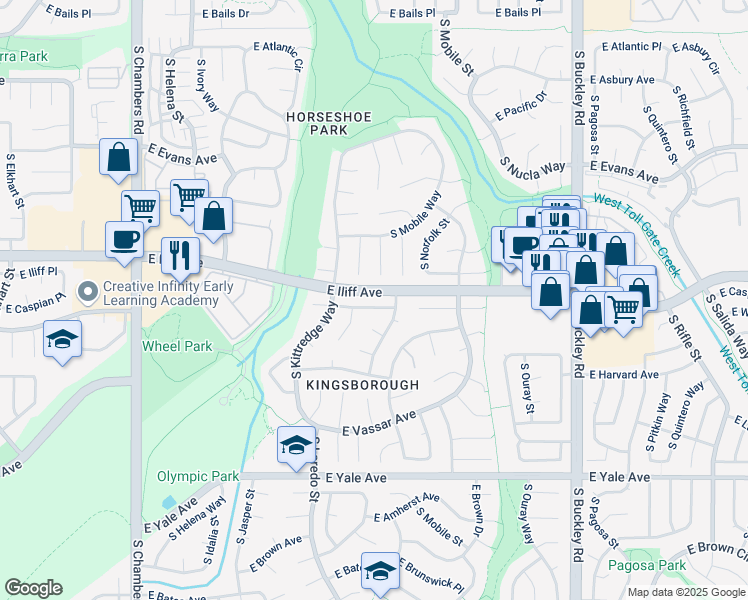 map of restaurants, bars, coffee shops, grocery stores, and more near 16191 East Wesley Avenue in Aurora