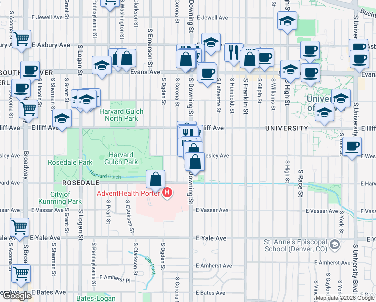 map of restaurants, bars, coffee shops, grocery stores, and more near 2390 South Downing Street in Denver